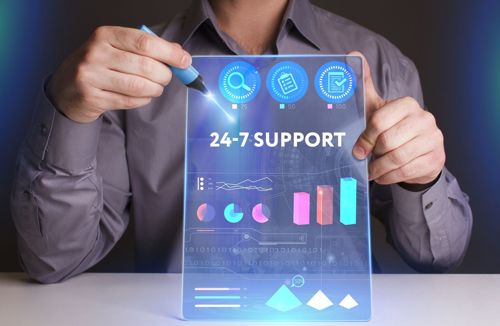 Business, Technology, Internet and network concept. Young businessman working on a virtual screen of the future and sees the inscription: 24-7 Support
